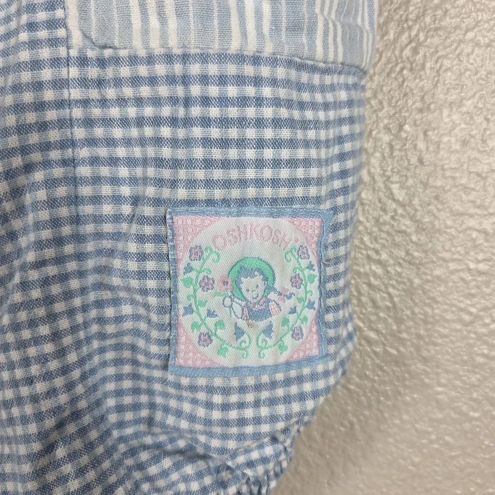 Vintage OshKosh B'Gosh Baby Bubble Romper Blue Gingham USA 12M Puff Sleeve